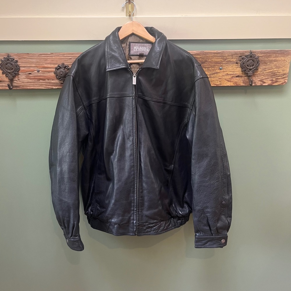 Wilsons Leather Mens Black Pebbled Bomber Jacket XLT Tall Quilted Lined Zip Up